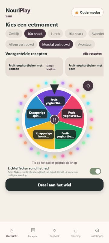NouriPlay home screen with meal moments, suggested recipes and the meal-choice wheel