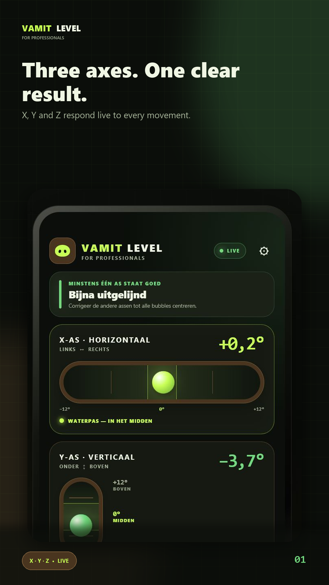 VAMIT Level main screen with X, Y and Z measurements