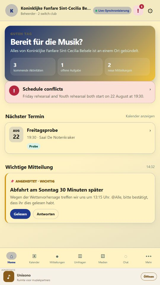 Unisono home screen in German