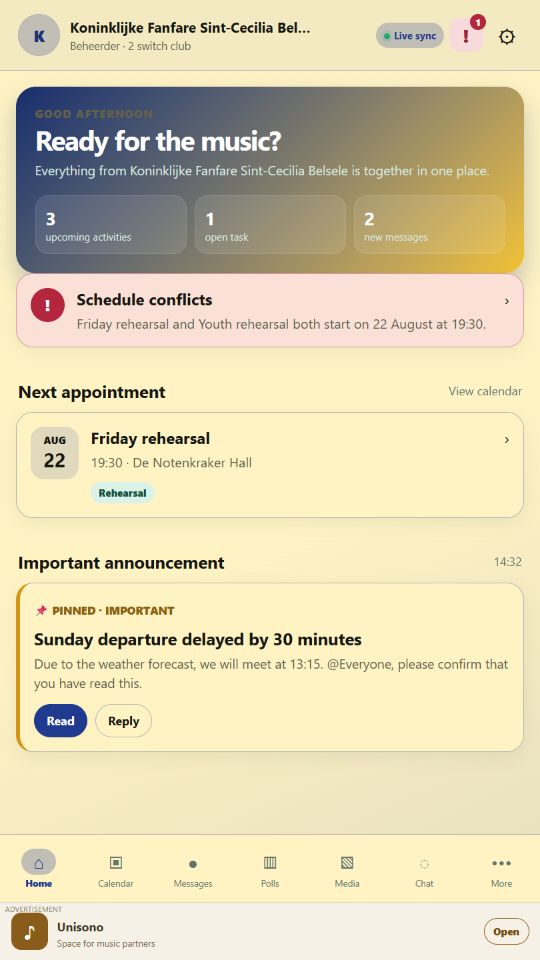 Unisono home screen in English