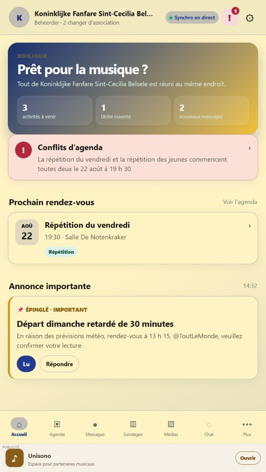 Unisono home screen in French