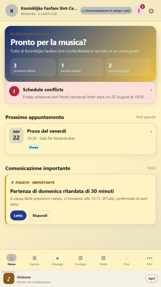 Unisono home screen in Italian