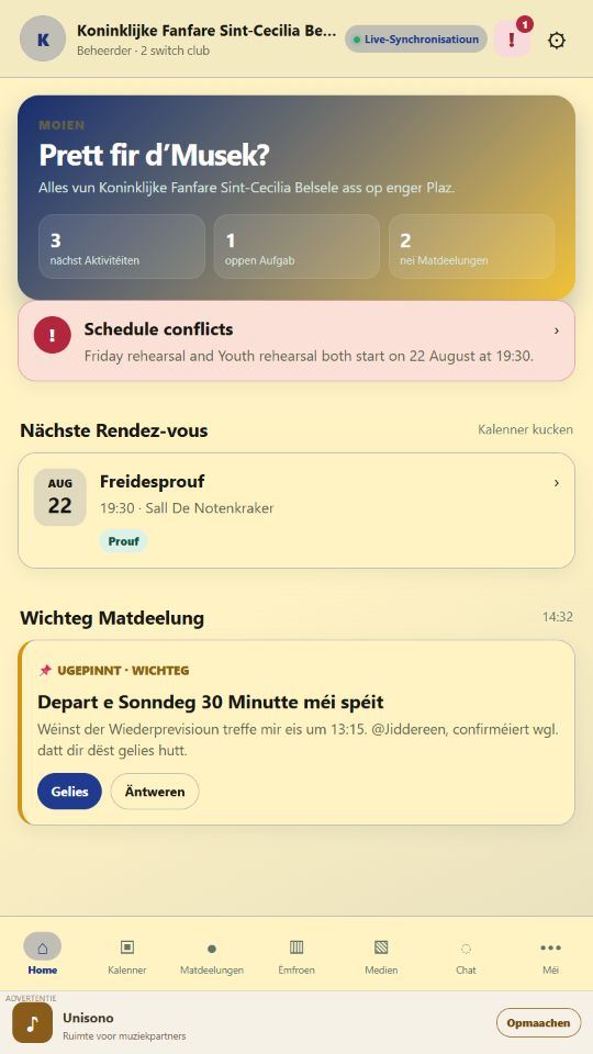 Unisono home screen in Luxembourgish
