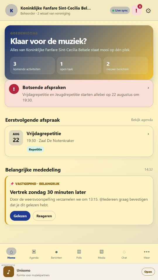 Unisono home screen in Dutch