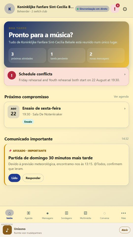 Unisono home screen in Portuguese